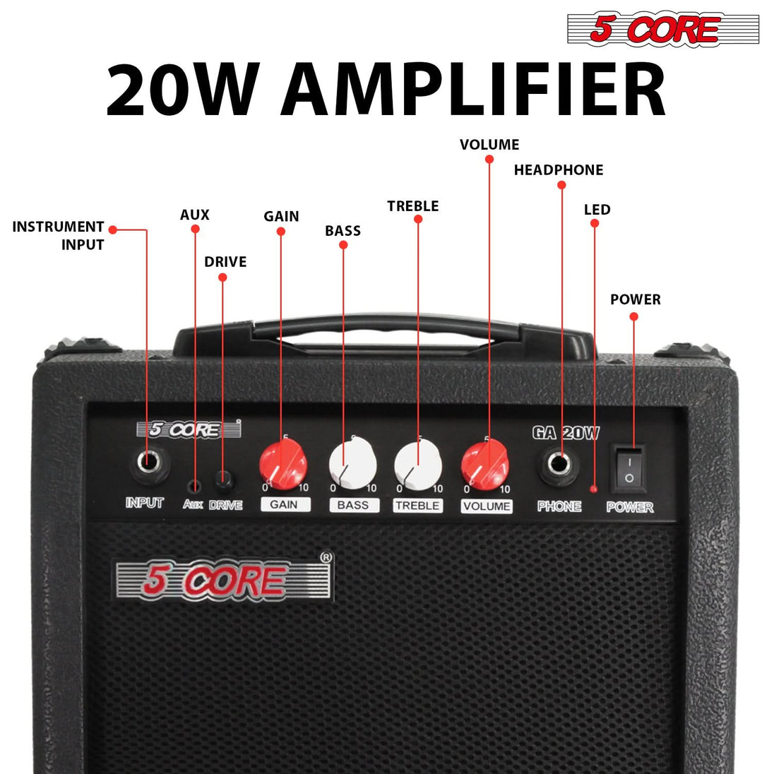 5 Core Guitar Amplifier 20W Electric Portable Mini Amp w Built in 6.5" Speaker Aux Headphone Jack
