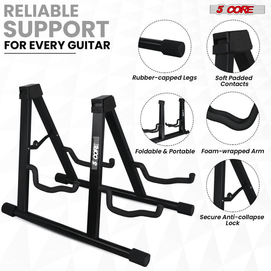 5 Core Double Guitar Stand A Frame Shape w Foam Arms Supports Acoustic Electric Bass Ukulele Banjo