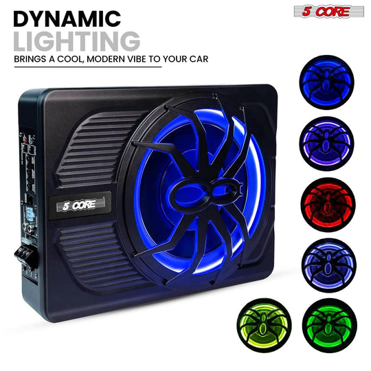 Side view of 5Core under seat subwoofer with deep bass performance
