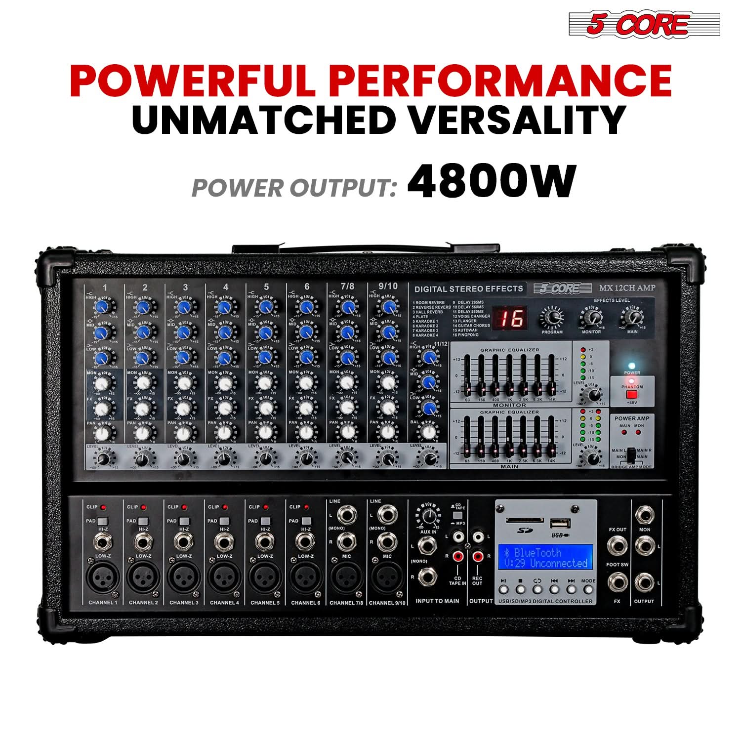 Powered Audio Mixer 12Channel USB MP3 Bluetooth SD - 5 Core