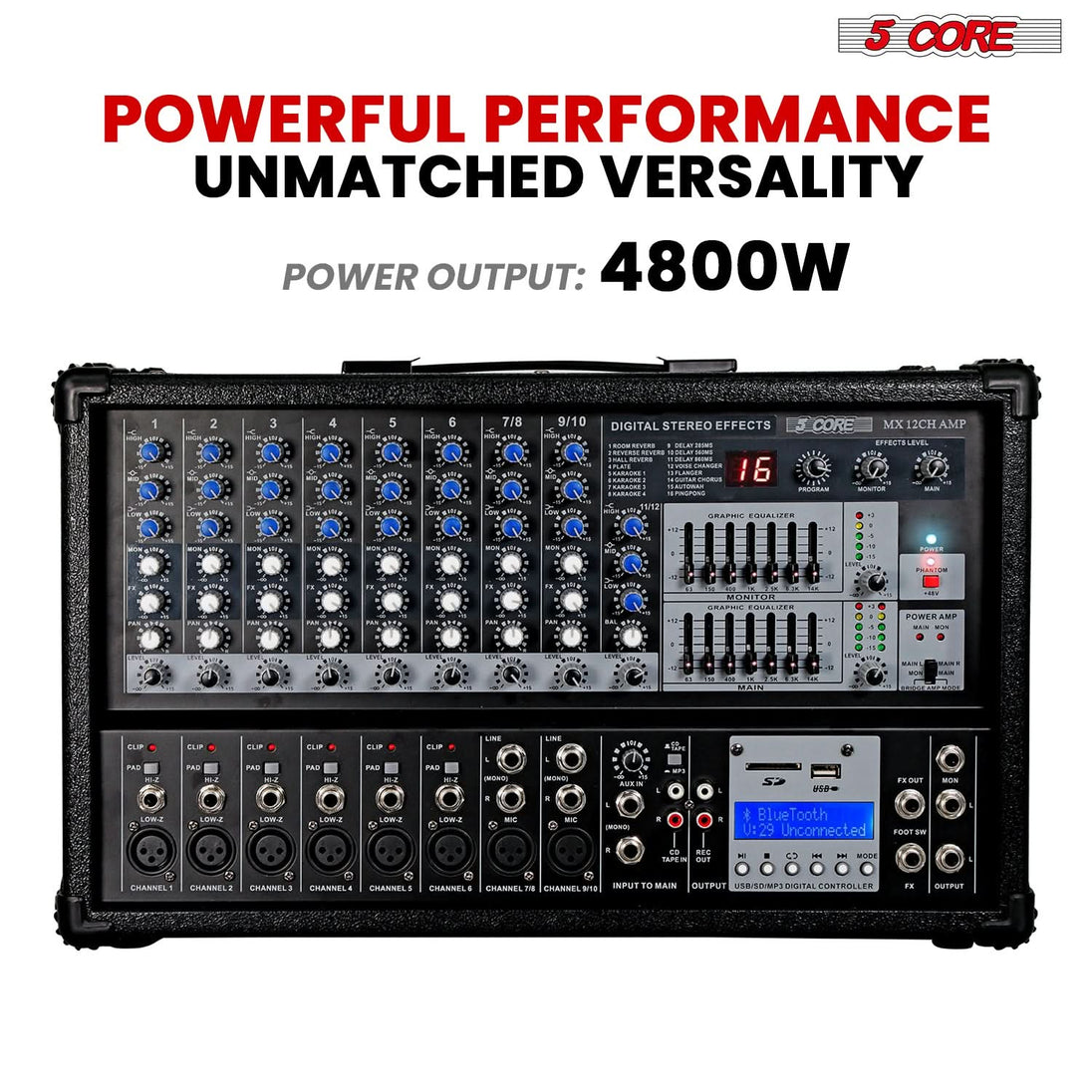 5Core Audio Mixer Powered 12 Channel 240V Mixer System USB MP3 Bluetooth SD readers Digital LCD Display
