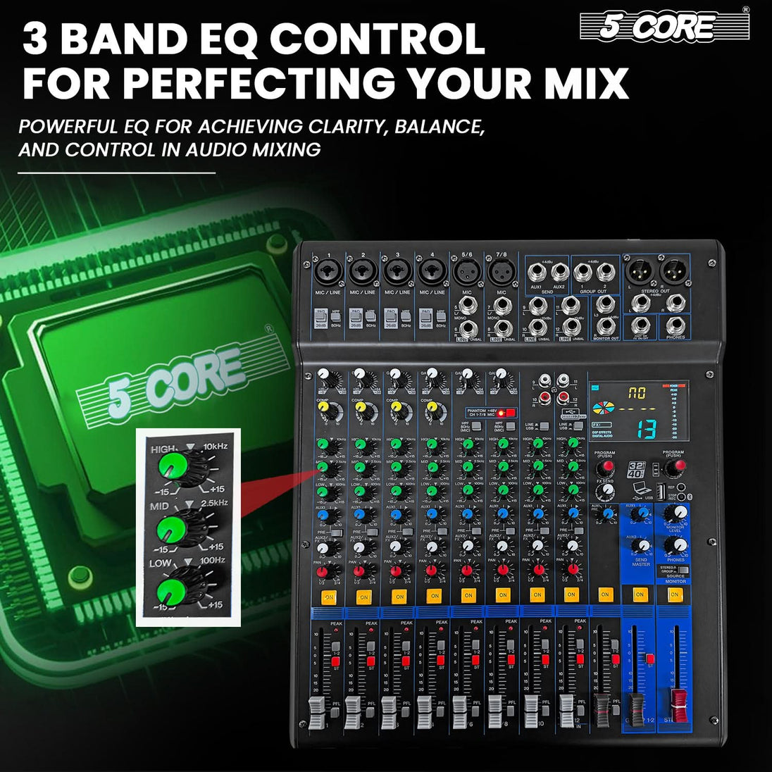 5 Core Audio Mixer 12 Channel DJ Soundboard USB Interface Bluetooth Mixing Console w 99 DSP Effect