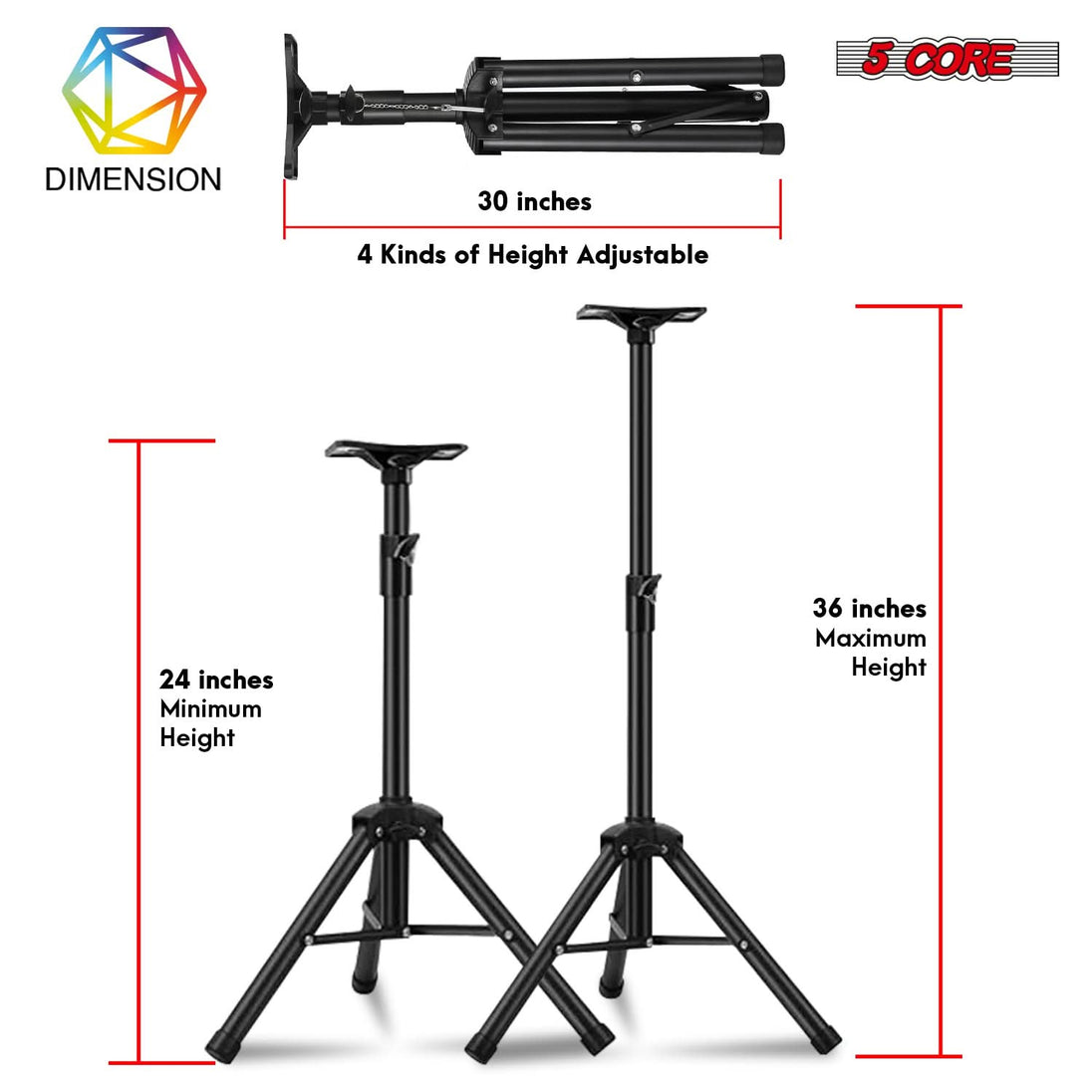 5 Core Speaker Stand 3Ft Adjustable Heavy Duty PA DJ Tripod Studio Monitor Stands w 35mm Insert