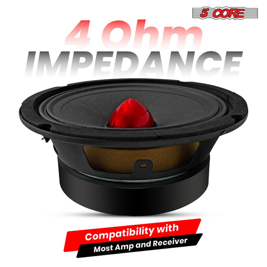 5 Core 6.5" Subwoofer Speaker Pair 360W Mid Range Car Audio Sub Woofer 4Ohm Bass Replacement Driver