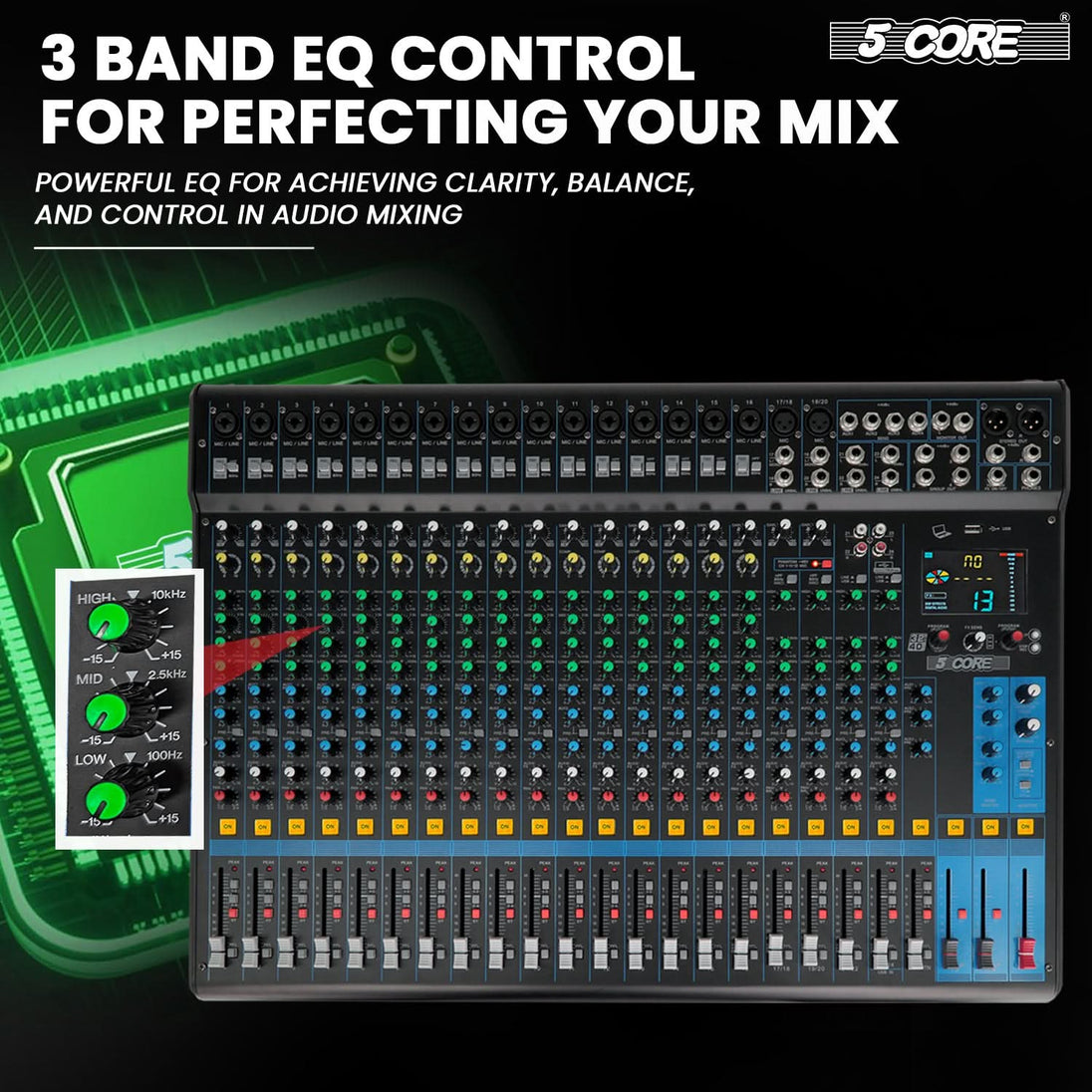 5Core DJ Audio Mixer 24 Channel Stereo Sound Board w 256 effects USB Bluetooth 48V Phantom Power