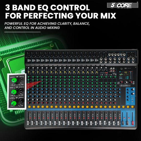 5Core DJ Audio Mixer 24 Channel Stereo Sound Board w 256 effects USB Bluetooth 48V Phantom Power