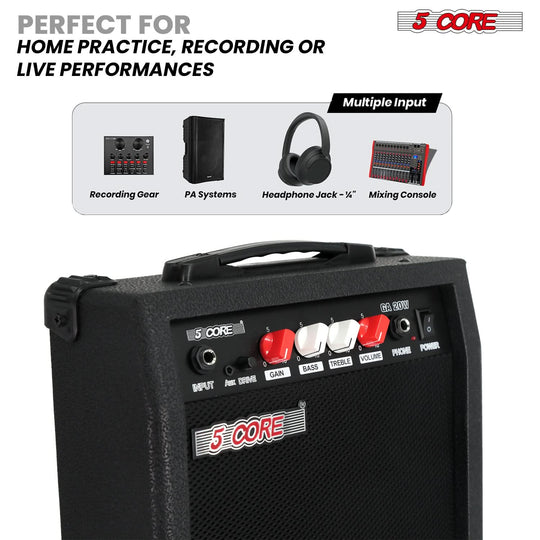 5 Core Guitar Amplifier 20W Electric Portable Mini Amp w Built in 6.5" Speaker Aux Headphone Jack