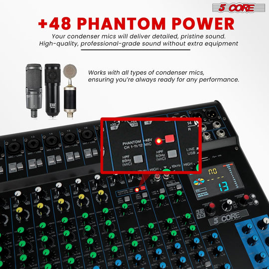 5Core DJ Audio Mixer 24 Channel Stereo Sound Board w 256 effects USB Bluetooth 48V Phantom Power