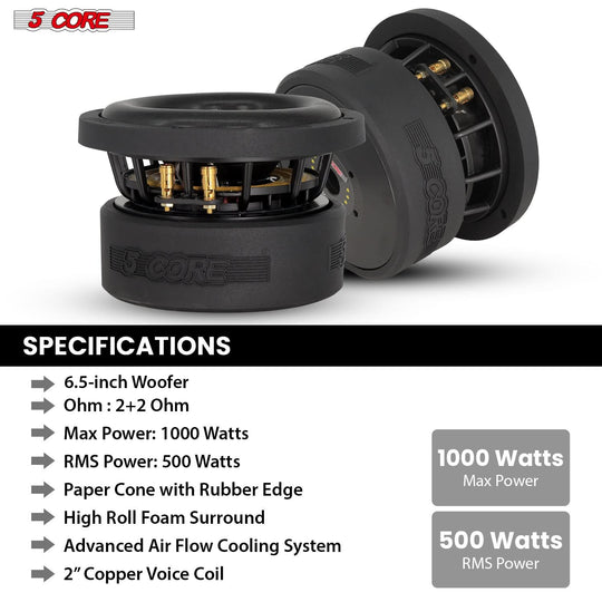 5Core car audio subwoofer 6.5 inch with dual voice coils and strong bass