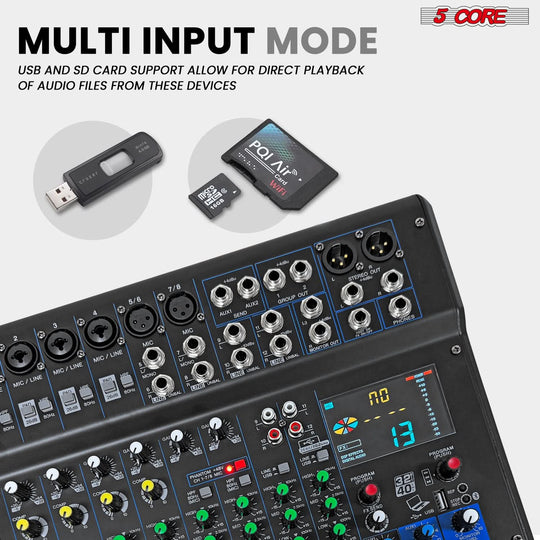 5 Core Audio Mixer 12 Channel DJ Soundboard USB Interface Bluetooth Mixing Console w 99 DSP Effect