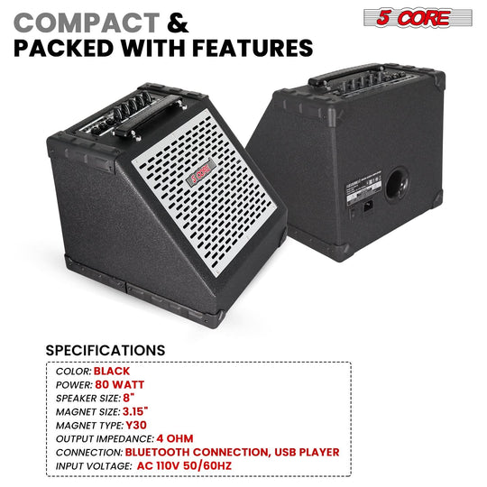 5 Core Electric Drum Amplifier 80W Professional Bluetooth Drumming Amp w 8” Speaker w 3 Band EQ