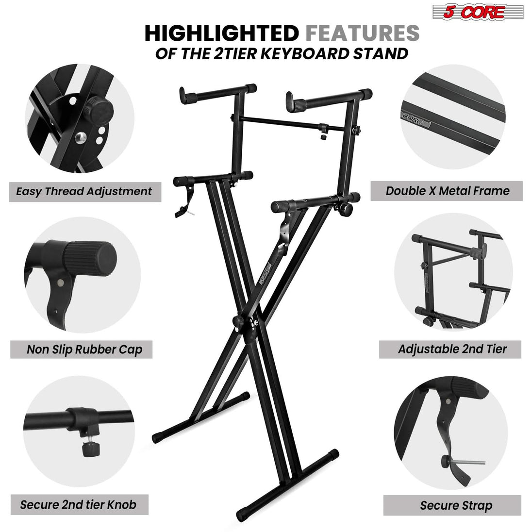5 Core Keyboard Stand 2 Tier Doubled X Shape Adjustable Heavy Duty Key Board DJ Controller Stands