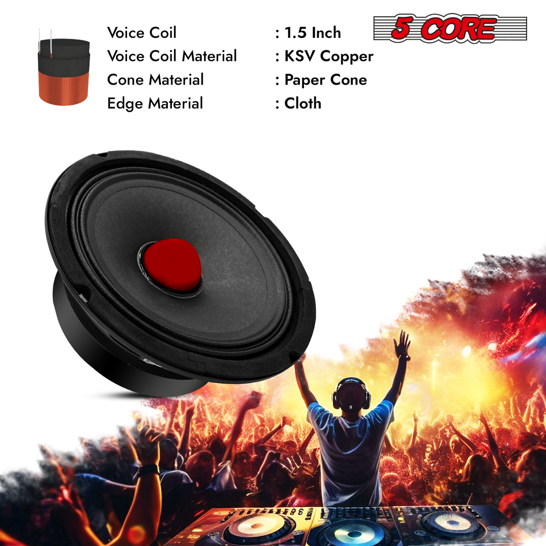 5Core 6.5" Subwoofer Speaker Pair 360W Mid Range PA DJ Audio Sub Woofer 8Ohm Bass Replacement Driver