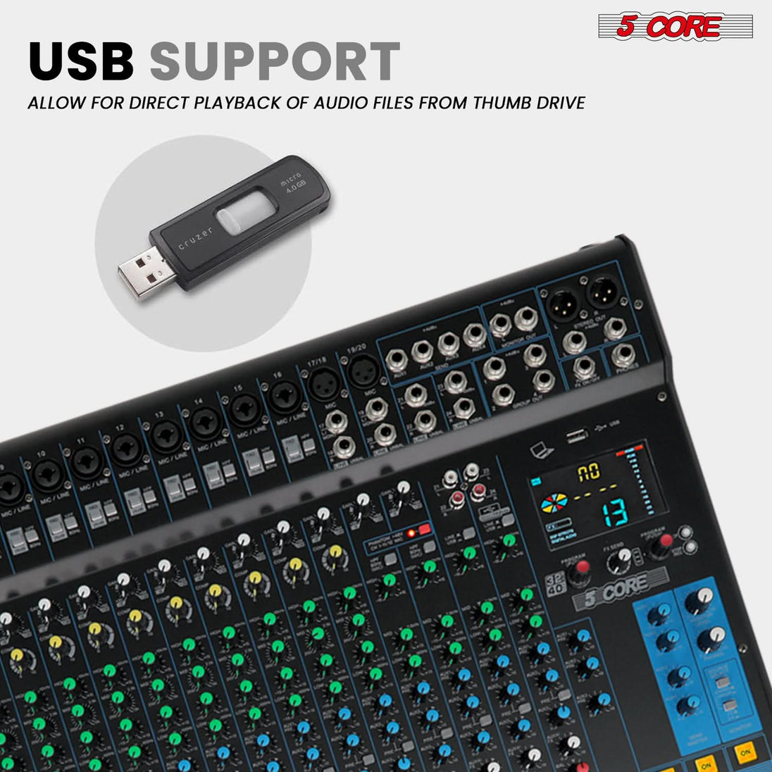 5Core DJ Audio Mixer 24 Channel Stereo Sound Board w 256 effects USB Bluetooth 48V Phantom Power