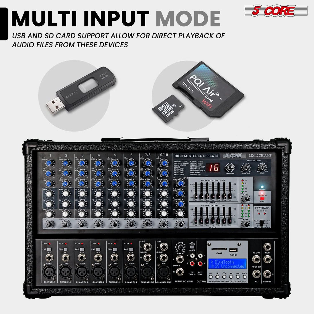 5Core Audio Mixer Powered 12 Channel 240V Mixer System USB MP3 Bluetooth SD readers Digital LCD Display