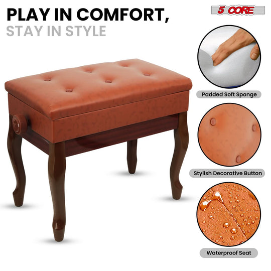5 Core Piano Bench 3" Padded Cushioned Stool Wooden Heavy Duty Adjustable Musician Chair w Storage