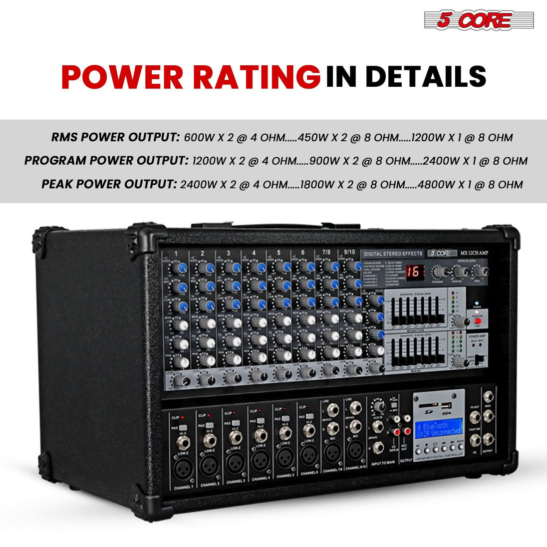 5Core Audio Mixer Powered 12 Channel 240V Mixer System USB MP3 Bluetooth SD readers Digital LCD Display