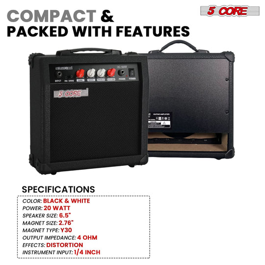 5 Core Guitar Amplifier 20W Electric Portable Mini Amp w Built in 6.5" Speaker Aux Headphone Jack
