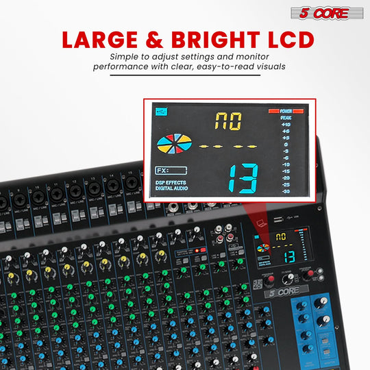 5Core DJ Audio Mixer 24 Channel Stereo Sound Board w 256 effects USB Bluetooth 48V Phantom Power