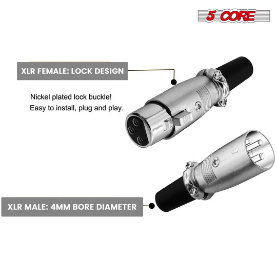 5Core XLR Connector Male Female to 1/4 Audio Jack 3 Pin Secure Mic Plug w Locking Ends