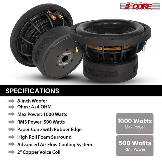 5 Core 8 Inch Subwoofer Dual 4 Ohm 1000W Car Replacement Loud Audio Speaker Sub Woofer for Deep Bass