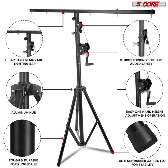 5 Core DJ Light Stand Stage Lighting Truss System Hand Crank Up Heavy Duty Height Adjustable w T bar