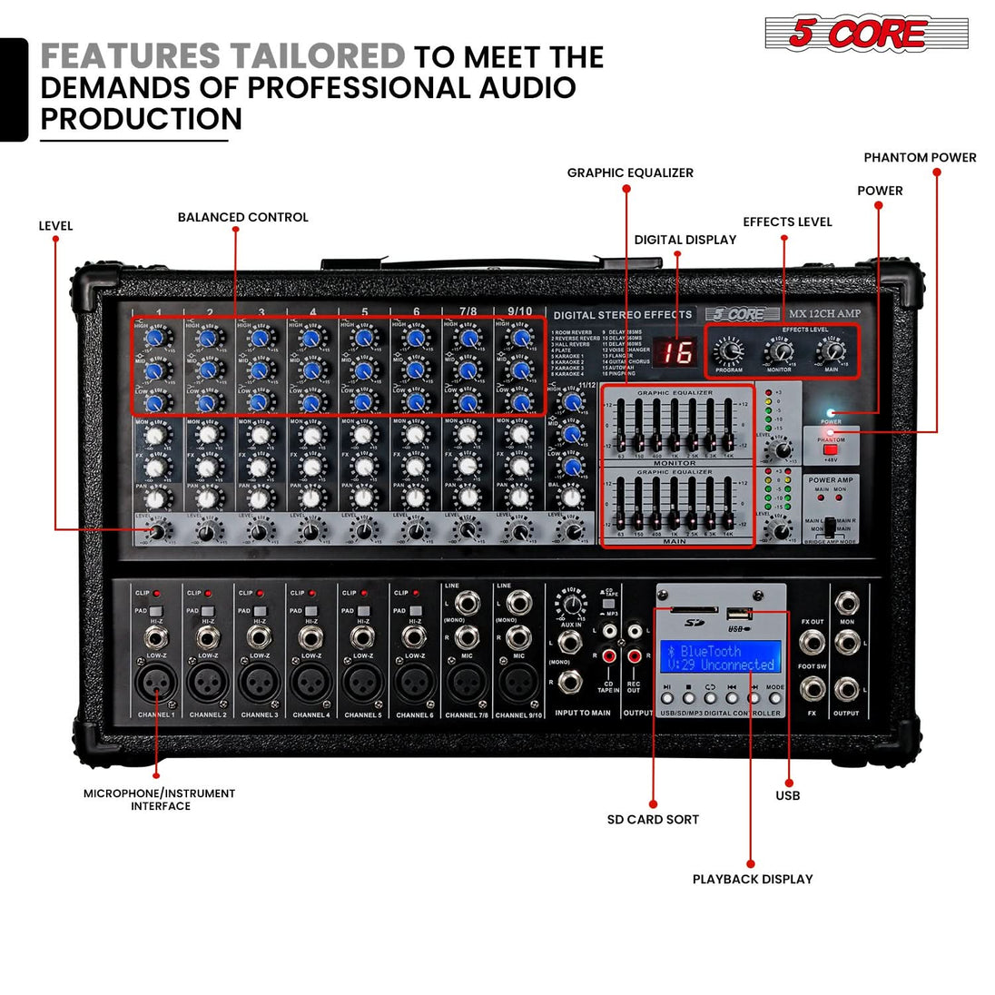5Core Audio Mixer Powered 12 Channel 240V Mixer System USB MP3 Bluetooth SD readers Digital LCD Display