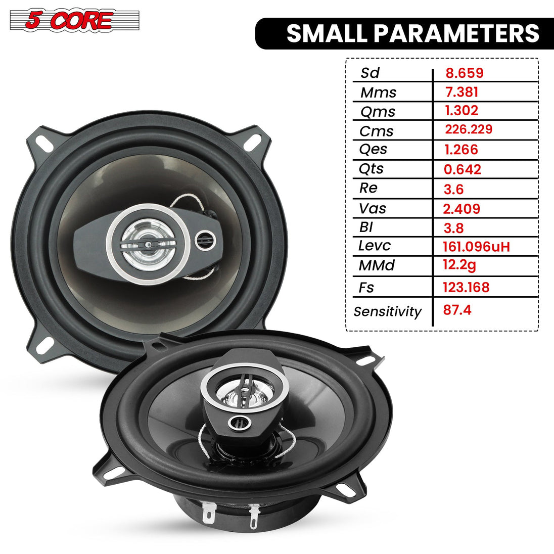 Easy-fit 5 Core 2-way speaker system designed for cars and trucks