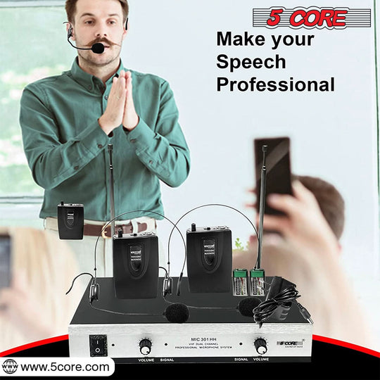 5Core Wireless Microphones w 2 Headset Portable Mini Microfono Inalambricos + Receiver 165ft Range