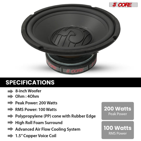 5 Core 8 Inch Subwoofer Pair 200W Car Audio Woofer 4 Ohm Replacement Deep Bass Loud Speaker