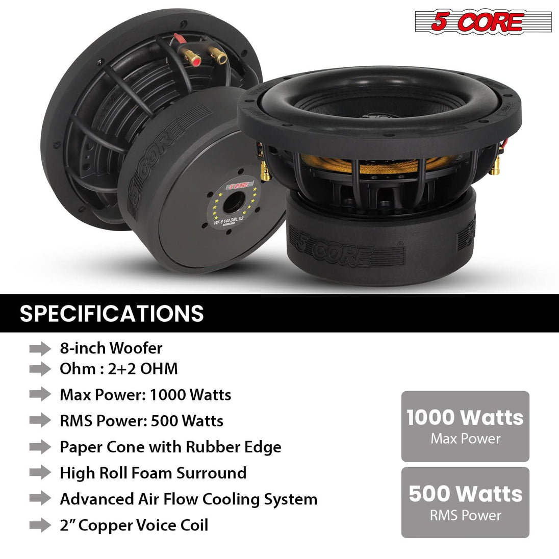5 Core 8 Inch Subwoofer Dual 2 Ohm 1000W Car Replacement Loud Audio Speaker Component Sub Woofer