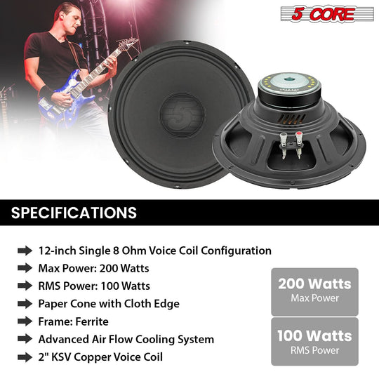 5 Core 12 Inch Guitar Speaker 200W 8 Ohm Amp Cabinet Replacement Amplifier Woofer