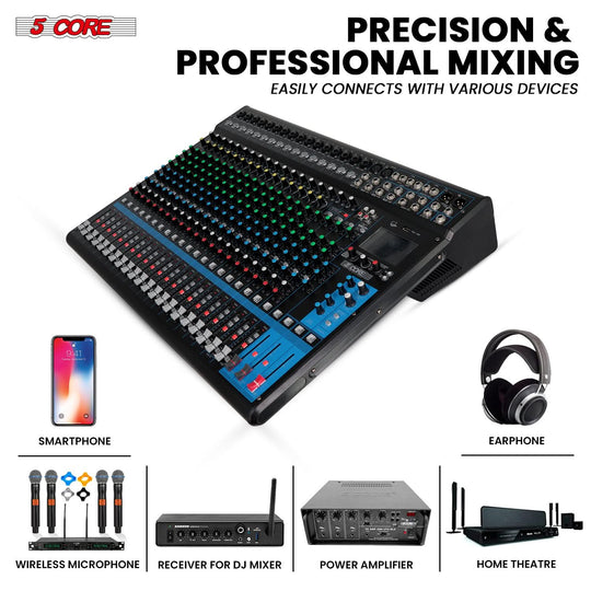 5Core DJ Audio Mixer 24 Channel Stereo Sound Board w 256 effects USB Bluetooth 48V Phantom Power