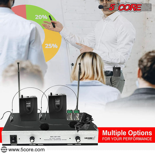 5Core Wireless Microphones w 2 Headset Portable Mini Microfono Inalambricos + Receiver 165ft Range