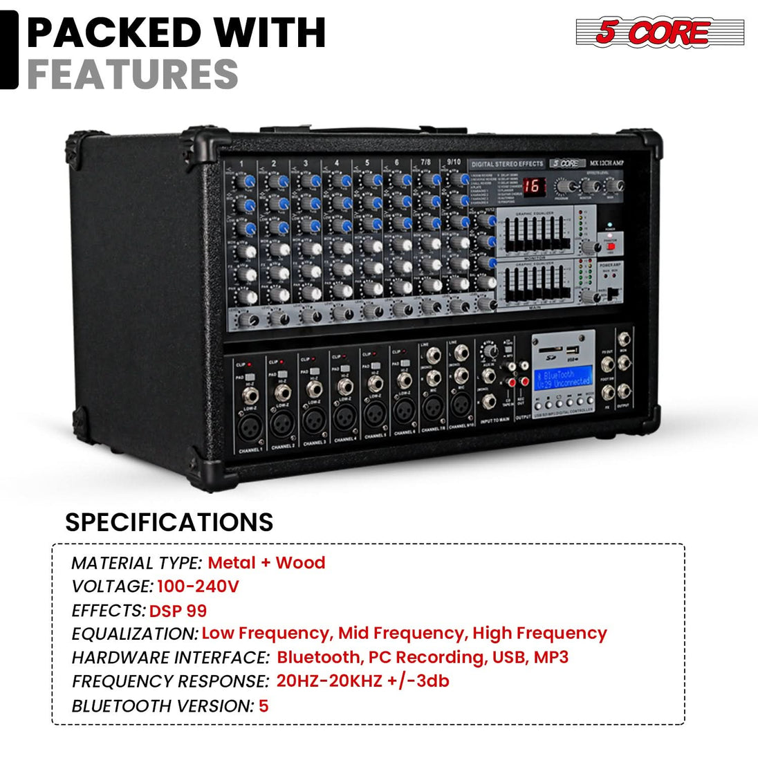 5Core Audio Mixer Powered 12 Channel 240V Mixer System USB MP3 Bluetooth SD readers Digital LCD Display