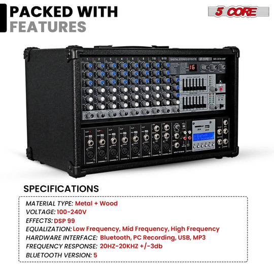 5Core Audio Mixer Powered 12 Channel 240V Mixer System USB MP3 Bluetooth SD readers Digital LCD Display
