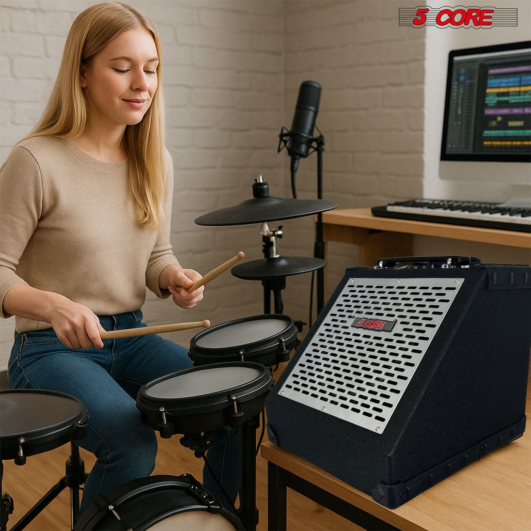 5 Core Electric Drum Amplifier 80W Professional Bluetooth Drumming Amp w 8” Speaker w 3 Band EQ