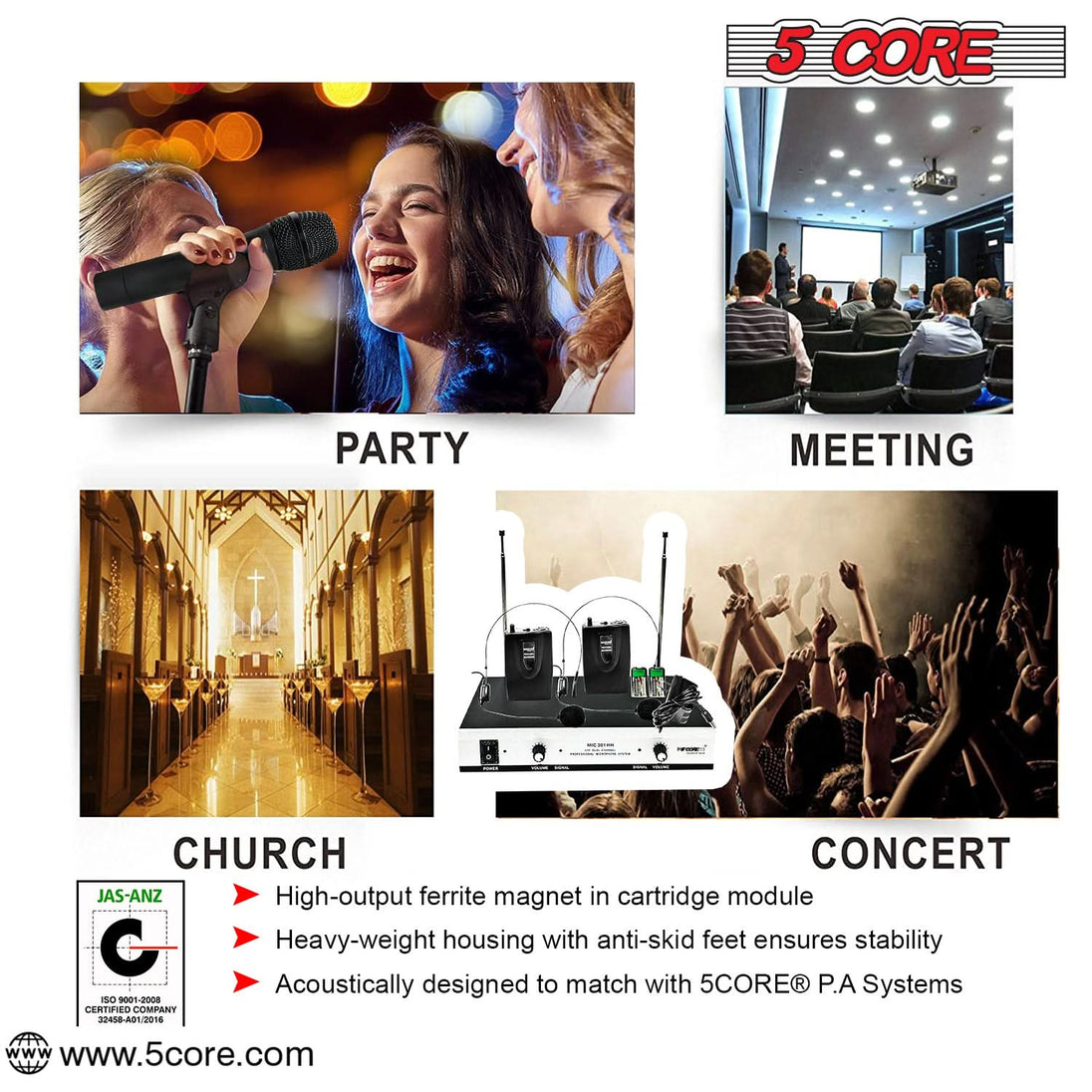 5Core Wireless Microphones w 2 Headset Portable Mini Microfono Inalambricos + Receiver 165ft Range