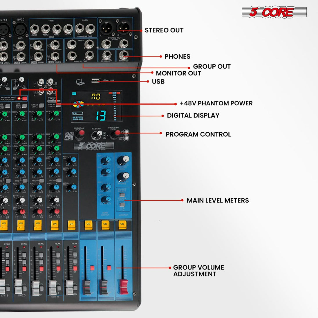 5Core DJ Audio Mixer 24 Channel Stereo Sound Board w 256 effects USB Bluetooth 48V Phantom Power