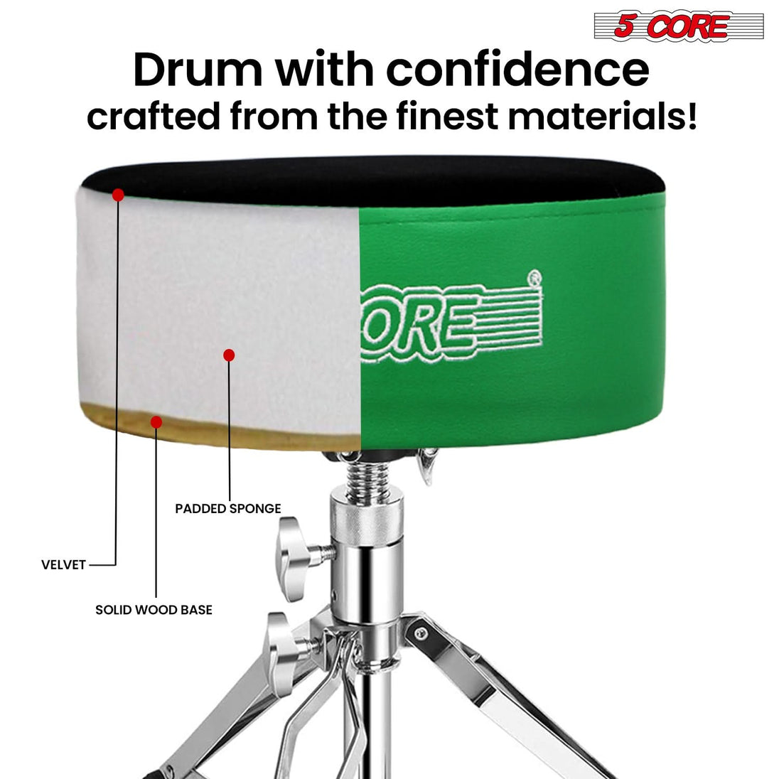 5 Core Drum Throne 5" Padded Guitar Stool Adjustable Heavy Duty Music Chair Seat w Luxury Velvet Top