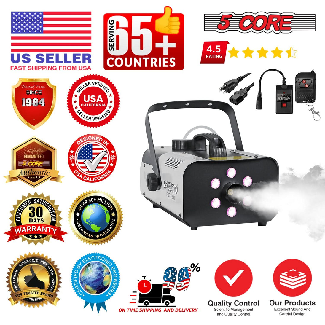 5Core Fog Smoke Machine 1200W Low Lying Indoor Outdoor 1L Fog Maker with LED Lights