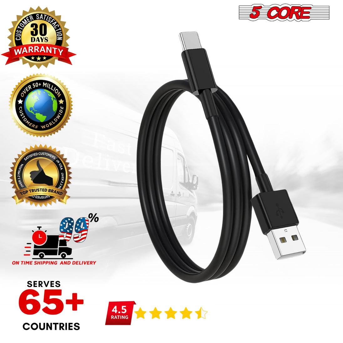 Versatile USB to USB-C cords by 5Core perfect for home, office, or car use