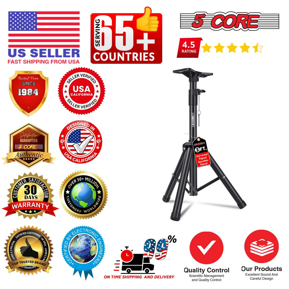 5 Core Speaker Stand 3Ft Adjustable Heavy Duty PA DJ Tripod Studio Monitor Stands w 35mm Insert