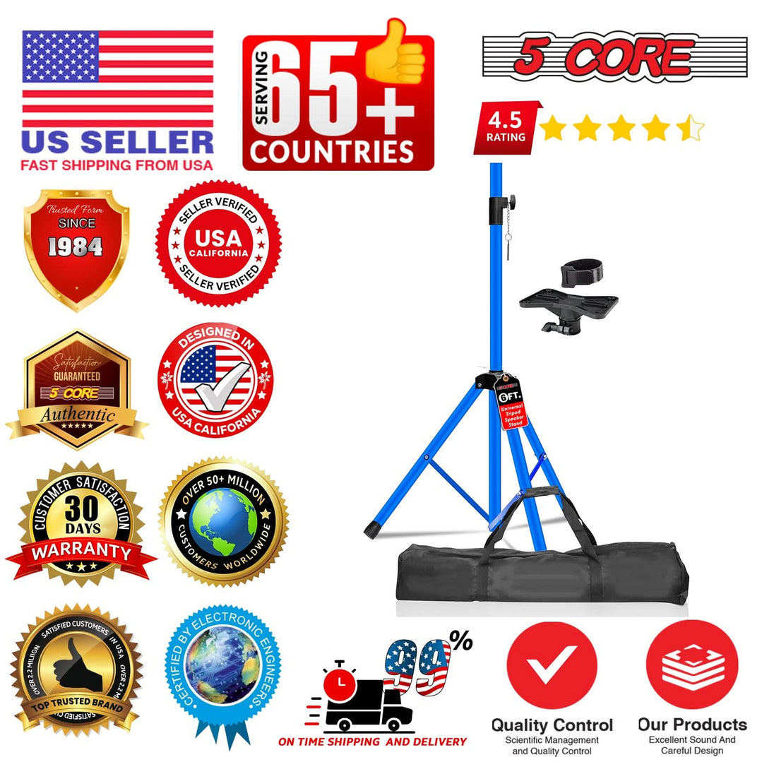 5 Core Speaker Stand Pair Adjustable PA DJ Tripod Stands Heavy Duty w 35mm Insert 132 Lbs Capacity