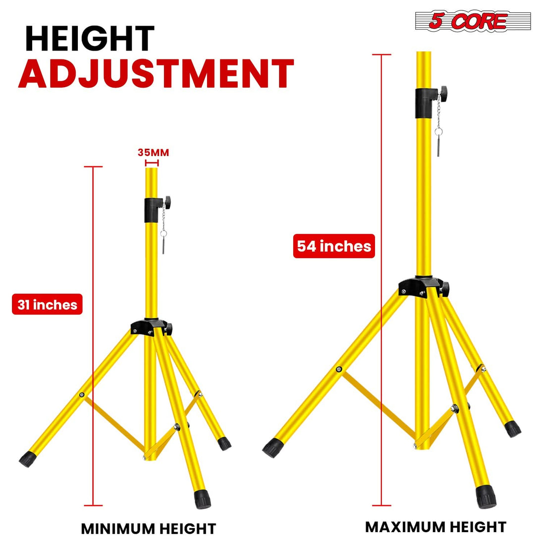 5 Core Speaker Stand Pair Adjustable 31 to 54" PA DJ Tripod Stands Heavy Duty w 35mm Insert 132 Lbs