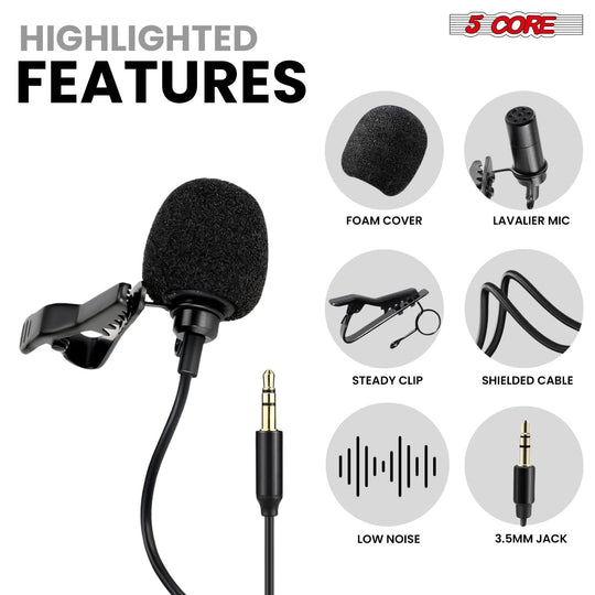 5 Core Microphone 2Pc Lavalier Mic Wearable Omnidirectional Condenser 3.5mm Body Lapel Mics