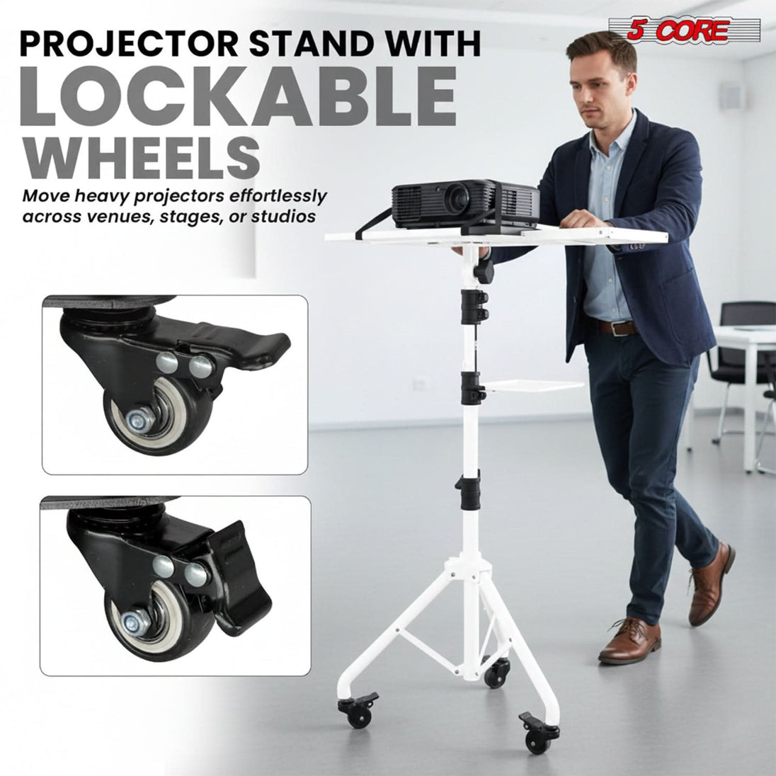 Projector Stand 29.5 to 71 Inch Adjustable Tripod 2 Shelves Portable Laptop Cart w Phone Holder