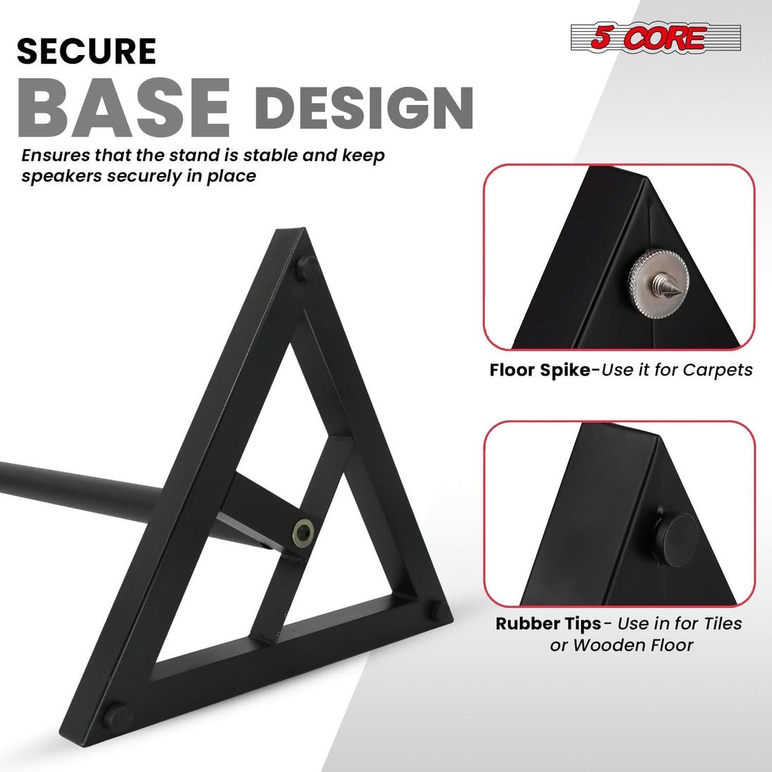 5 Core Speaker Stand 2Pc Heavy Duty Adjustable Telescoping Height 59.5" Triangle Base 100Lb Capacity