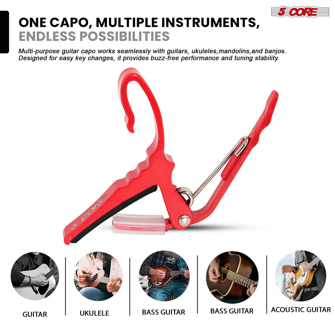 5 Core Guitar Capo Pair Quick Change Acoustic Electric String Clip Banjo Mandolin Or Ukulele Red