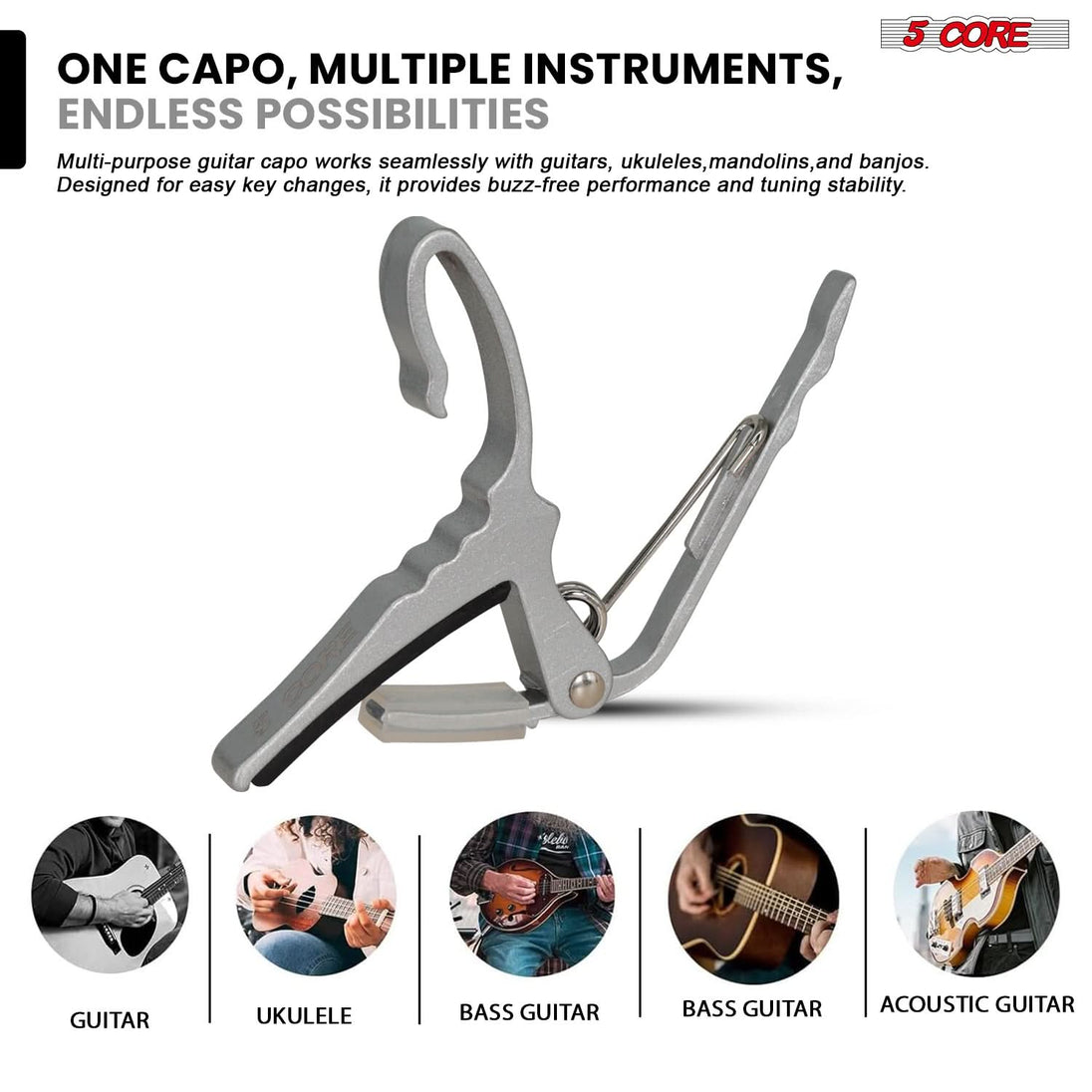 5 Core Guitar Capo Pair Quick Change Acoustic Electric String Clip Banjo Mandolin Or Ukulele Silver
